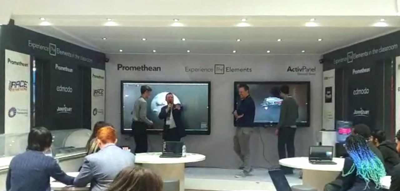 Learners Dom and Harry demonstrate Sculptris and 3D visualisations on the Proethean Screens
